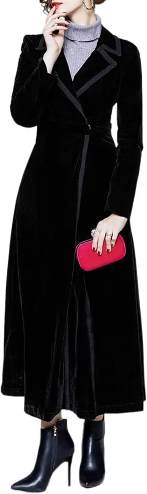 Women's Slim Notch Lapel Long Vintage Velvet Trench Coat Dress Hepburn Style